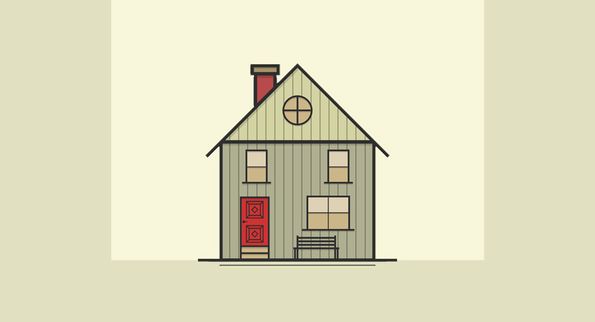 Illustration av ett grönt hus med röd dörr.